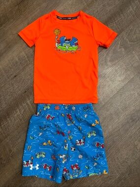 Under Armour Orange Top with Blue Printed Swim Shorts - Kids Two-Piece